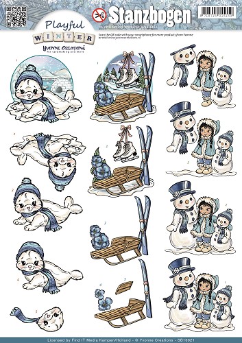 21516 Robbe, Schlitten, Schneemann ...- Playful Winter - 3D - Stanzbogen - SB10021