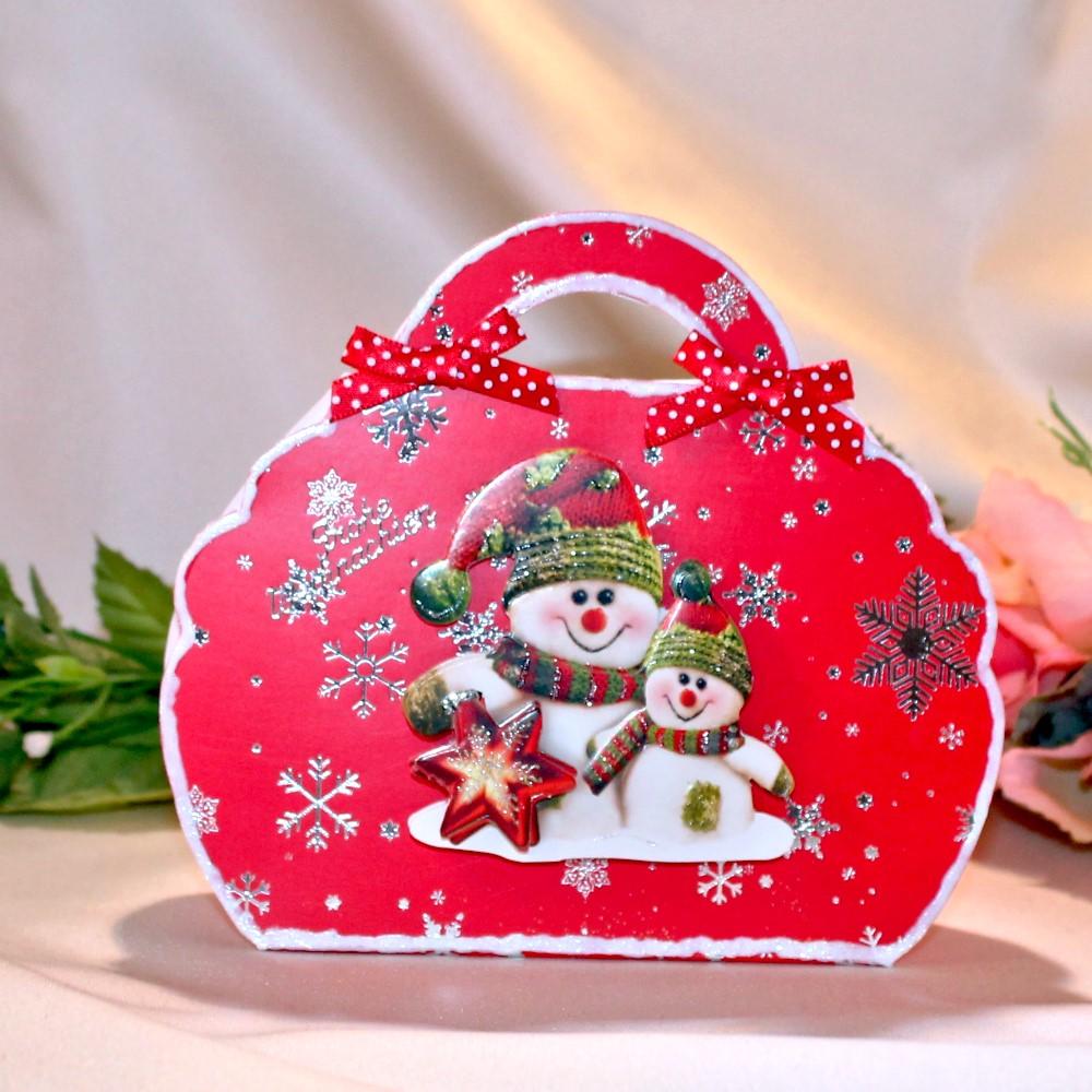 10414 Geschenktasche zum Weihnachtsfest - Schneemann - Rot / Silber - laminiert
